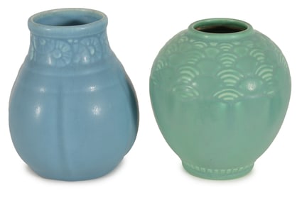 2 Rookwood art pottery small vases with incised marks. Green with stylized foliate decoration, dated