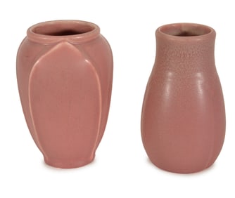 2 Rookwood art pottery small vases with incised marks. Pink glaze each with foliate modeling, one,