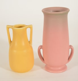 2 Rookwood art pottery handled vases with incised marks. Peach vase with green collar, dated 1939, #