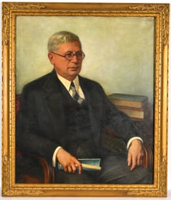 Joseph Tepper. Portrait of a seated man holding a book. Framed in a vintage arts & crafts carved and