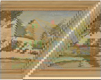 Early 20th century American school impressionist landscape street scene with a house. Signed and