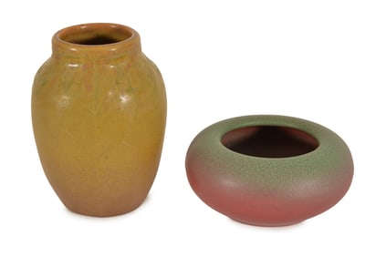 2 Rookwood art pottery small vases with incised marks. Red and green bud vase, dated 1909, # 1142