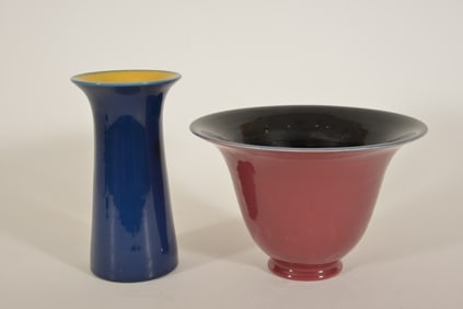 2 Rookwood art pottery vases with incised marks. Red gloss open vase (damaged, as is), dated 1919, #