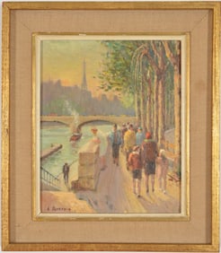 Mid 20th century impressionist Paris street scene with river and figures walking. Oil on canvas.