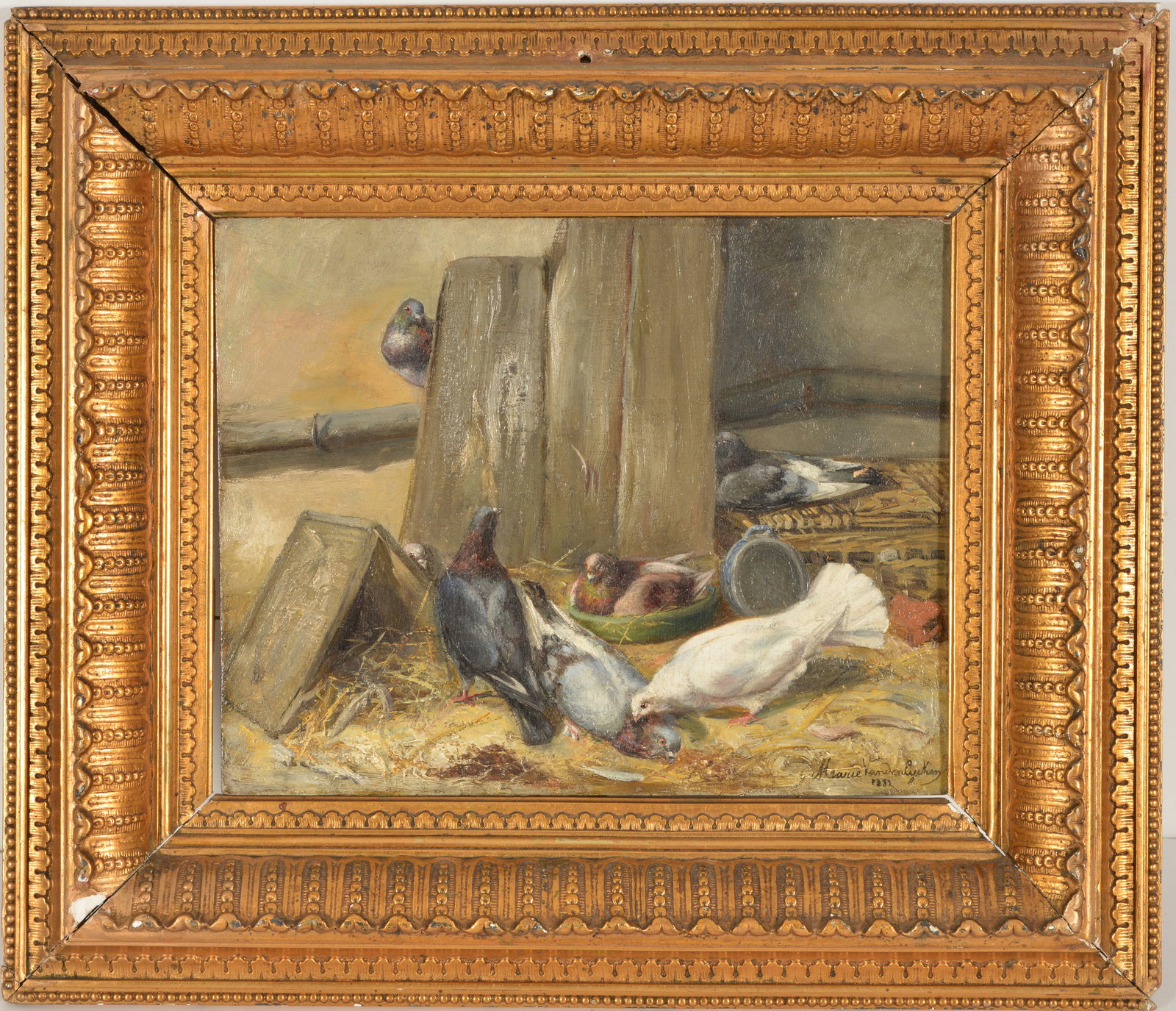 Marie van den Eycken. 1883. Pigeons in a barn. Oil on panel. Signed and dated lower right. Sight: (1 of 8)