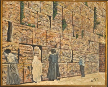 Mid 20th century Judaic school painting of figures at the Wailing Wall. Oil on canvas. Signed in