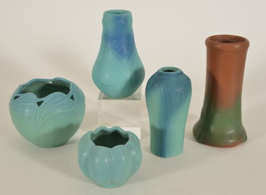 5 Van Briggle art pottery vases with incised marks, including four with blue-green glazes, a
