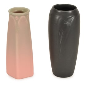 2 Rookwood art pottery bud vases with incised marks. Pentagonal shape in green and peach with