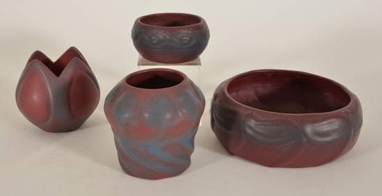 4 Van Briggle art pottery vases in mulberry glaze with incised marks. Including a tulip bud vase, 4