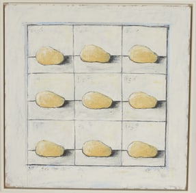 Jiri Votruba. Modern still life with 9 images of potatoes. Acrylic on board. Signed and dated 92
