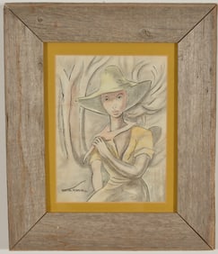 Victor Manuel. Cuba. Portrait of a young woman. Watercolor and ink on paper. Signed lower left.