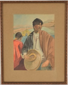Fred W. Fischer. "Indian Mission - Santa Fe". Watercolor painting. Sight: 11.5 x 8.5in. Overall:17.5