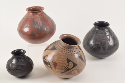4 contemporary southwest Native American pottery vessels. 3 signed Jose Silvera, the smallest signed