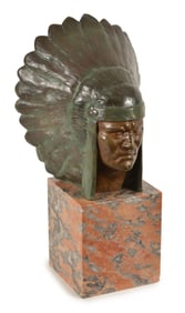 Art Deco patinated bronze sculpture after George Garreau. Indian head in full headdress on figured