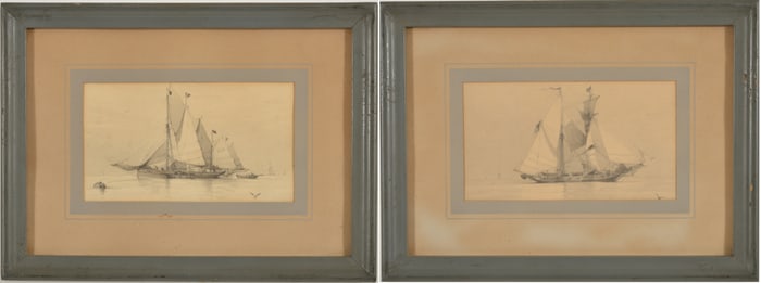 Stephen Salisbury Tuckerman. 2 ships portraits. Mixed media pencil and watercolor on paper. Framed