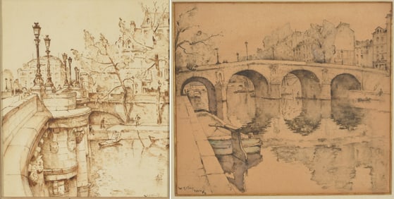 Willem Alexander Knip. 2 sketches of bridges. 1) Ink and watercolor of a bridge with boats. Signed,