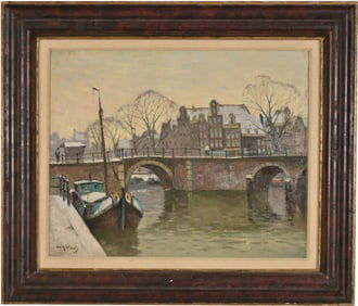 Willem Alexander Knip. Dutch city canal scene with boats and figures. Oil on canvas. Signed lower