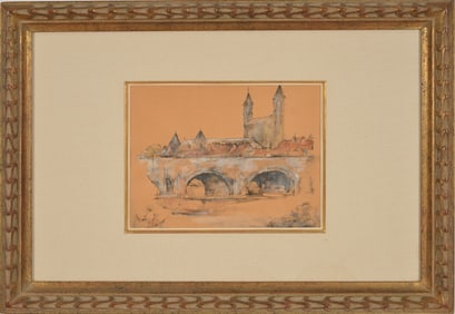 Willem Van Den Berg. Mixed media of a European town view with figure fishing in the foreground.
