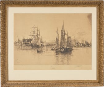 Stephen Parrish. Large etching of Gloucester harbor with ships, figures, and dockyard buildings.