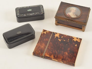 Lot of 4 boxes, including lacquer and tortoise shell design card case. Largest: 3.25in.