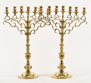 Pair of 7-arm brass candelabra, ca. 1900. Rotating arms. 22.75in high.