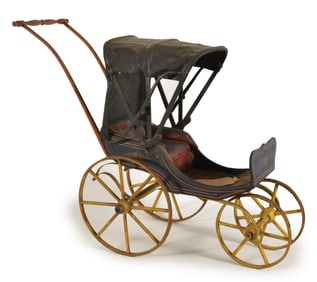 Mid 19th century original paint decorated wooden doll's carriage or salesman's sample with leather