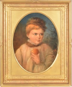 19th century oval format painting of a young boy eating a piece of fruit. Framed. Oil on board.
