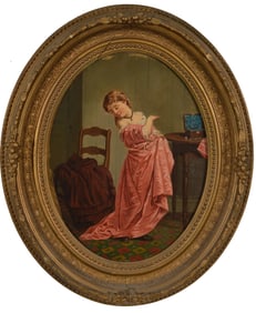 Mid 19th century Victorian painting of a young woman in pink dress standing by a table. Oil on