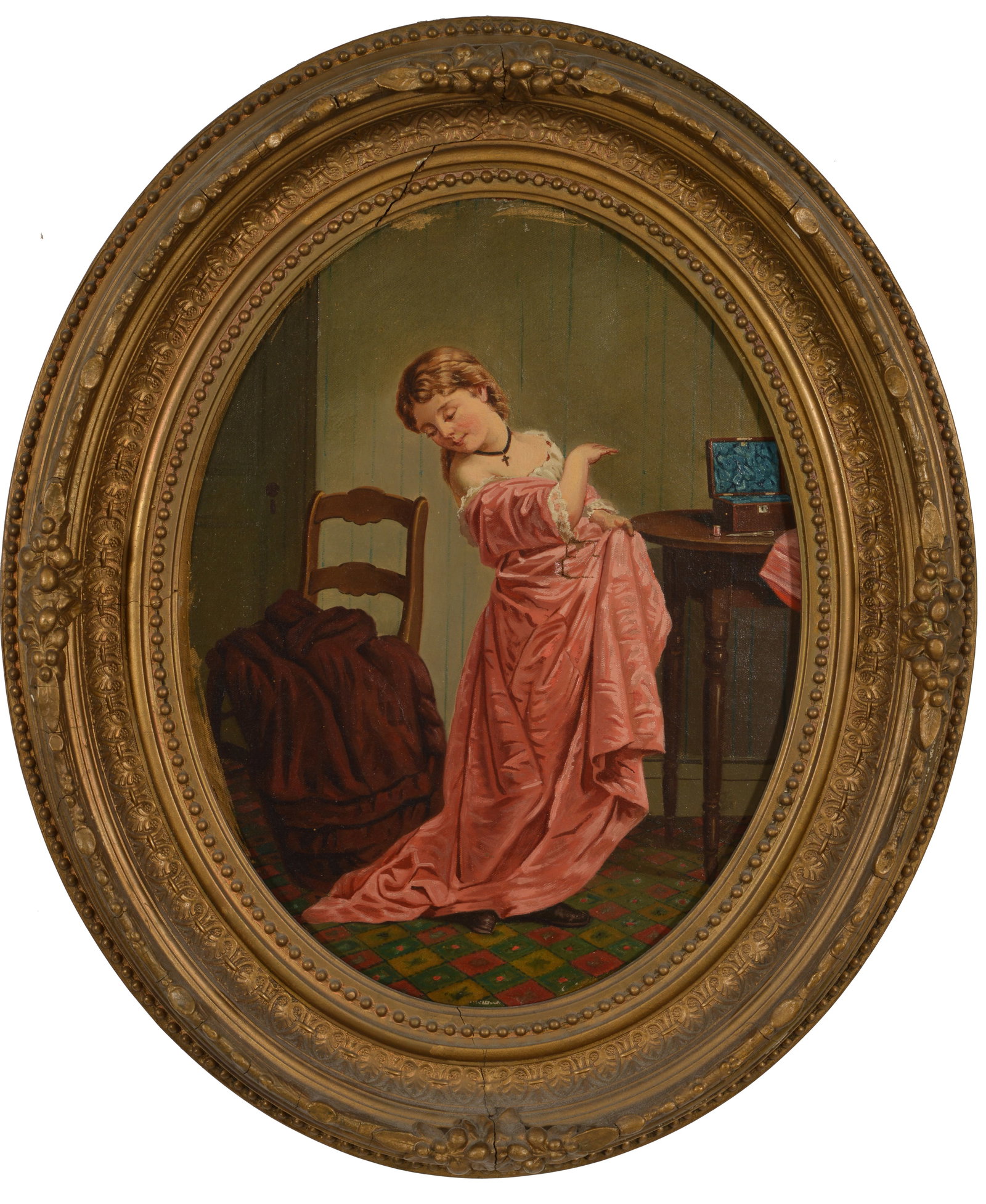 Mid 19th century Victorian painting of a young woman in pink dress standing by a table. Oil on (1 of 8)