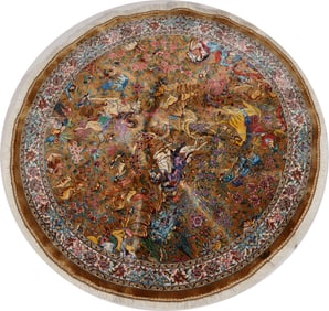 Qum silk hand knotted round area rug with hunting scene motif on a gold ground. 20th century. 40in