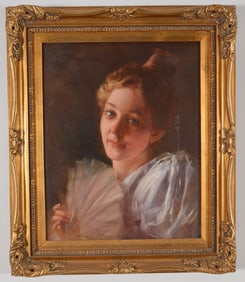 Signed early 20th century portrait of a woman holding a fan. Oil on canvas. Signed illegibly upper