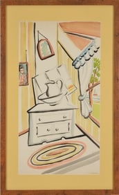 Modernist style watercolor still life interior. Unsigned. Framed under glass. Overall: 28 x 17in.