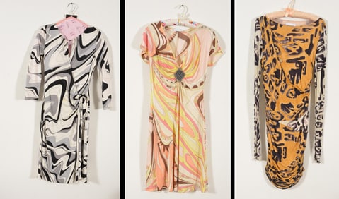 Lot of 3. Emilio Pucci vintage dresses. Circa 1990's. All with original labels. (1) Vintage animal