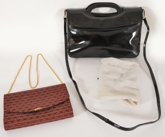 2 Designer ladies handbags, including a Salvatore Ferragamo black patent leather shoulder bag with