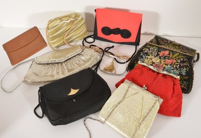 Collection of 9 ladies handbags including three beaded bags, two fabric evening bags, a printed