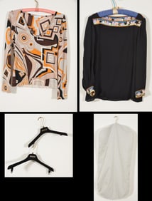 Lot of 7. Emilio Pucci tops. (1) Multi colored long sleeve sweater. Orange, brown, ivory and taupe
