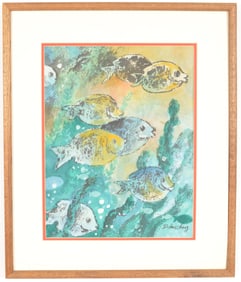Dickens Chang. Original mixed media of fish. Framed. Overall: 25 x 21in.