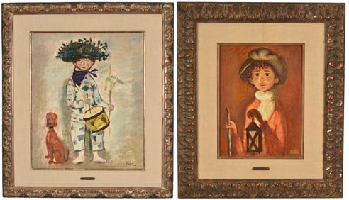 Roger Chaput. 2 paintings of children. 1) "Enfant au Tambour". Oil on canvas. Signed, titled, and