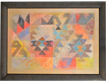 Large 20th century abstract painting with colorful geometric shapes. Signed lower left with