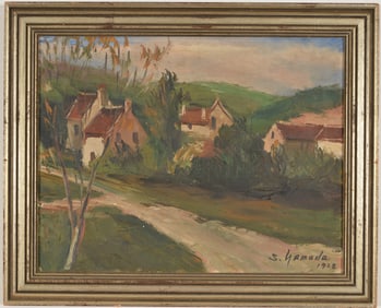 1928 post-impressionist landscape with houses. Oil on canvas. Signed and dated lower right. Framed.