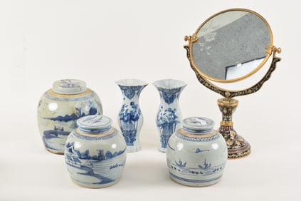 Lot of 6 items. To include: pair of 19th century Delft vases, 3 blue and white ginger jars, and a