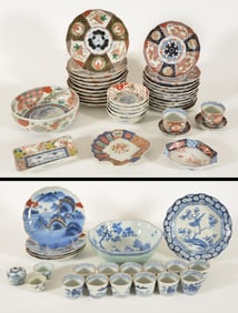 Large collection Asian porcelain including Imari pattern dinnerware and shaped plates, blue and