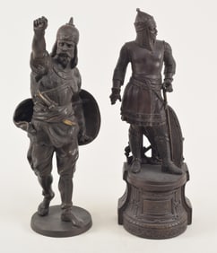 2 sculptures of medieval figures including William the Conqueror. 19th/20th century. White metal.