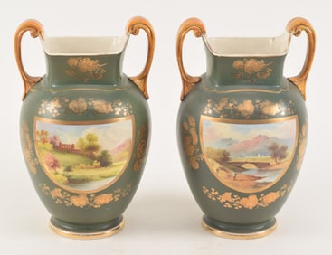 Pair of 19th century English hand painted porcelain handled vases. Scenes of Norham Castle and