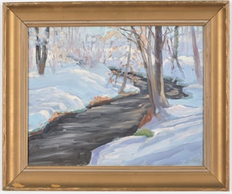 Maine winter landscape of Limerick Brook, Ogunquit. Mid 20th century painting signed Morris lower