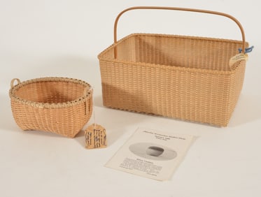 2 Martha Wetherbee splint baskets, each tagged, including a rectangular tatting basket 10.5 x 8 x