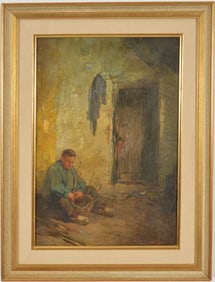 Continental school painting of a basket weaver seated by a doorway. Early 20th century. Signed lower