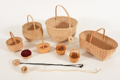 Collection of baskets and miniatures including 4 fine Shaker type splint baskets signed by makers,