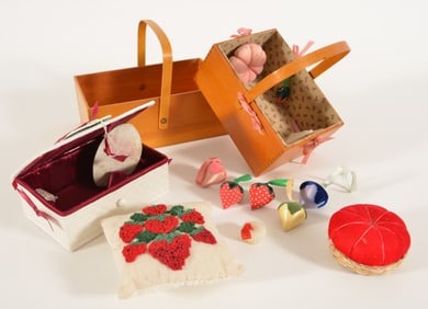 Collection of Shaker items including two contemporary woodenware rectangular handle boxes, one with