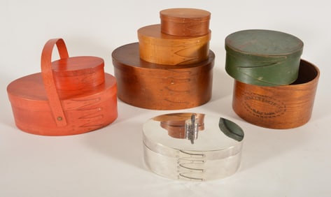 5 Shaker woodware items, including a cover finger box fitted for sewing, Hancock Shakers, January